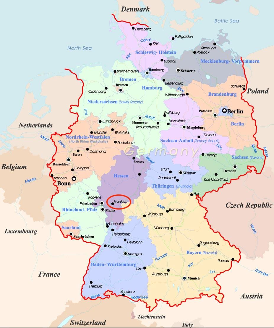 ドイツの地図上のフランクフルト